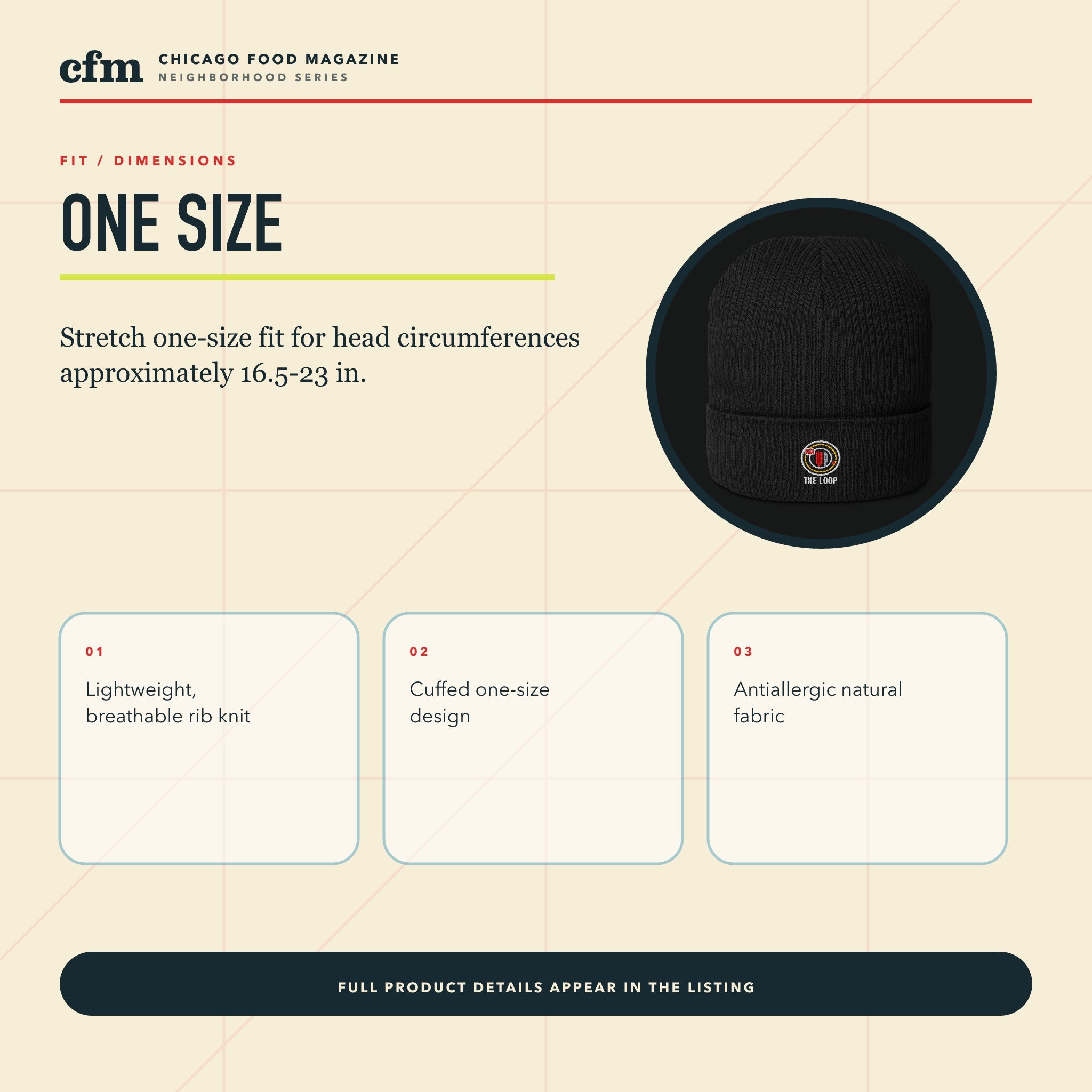 The Loop organic ribbed beanie, size, fit, and dimensions guide