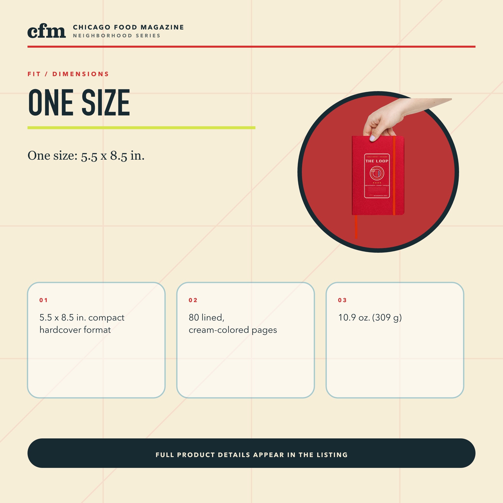 The Loop table notes journal, size, fit, and dimensions guide