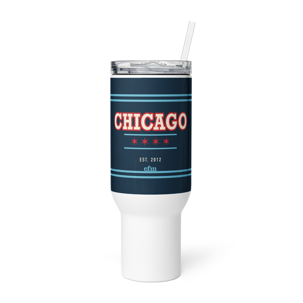 Chicago Collegiate 40 oz travel mug in white and navy, primary view