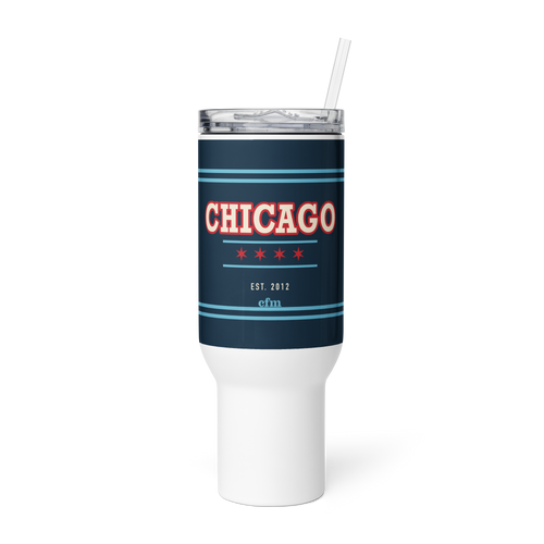 Chicago Collegiate 40 oz travel mug in white and navy, primary view