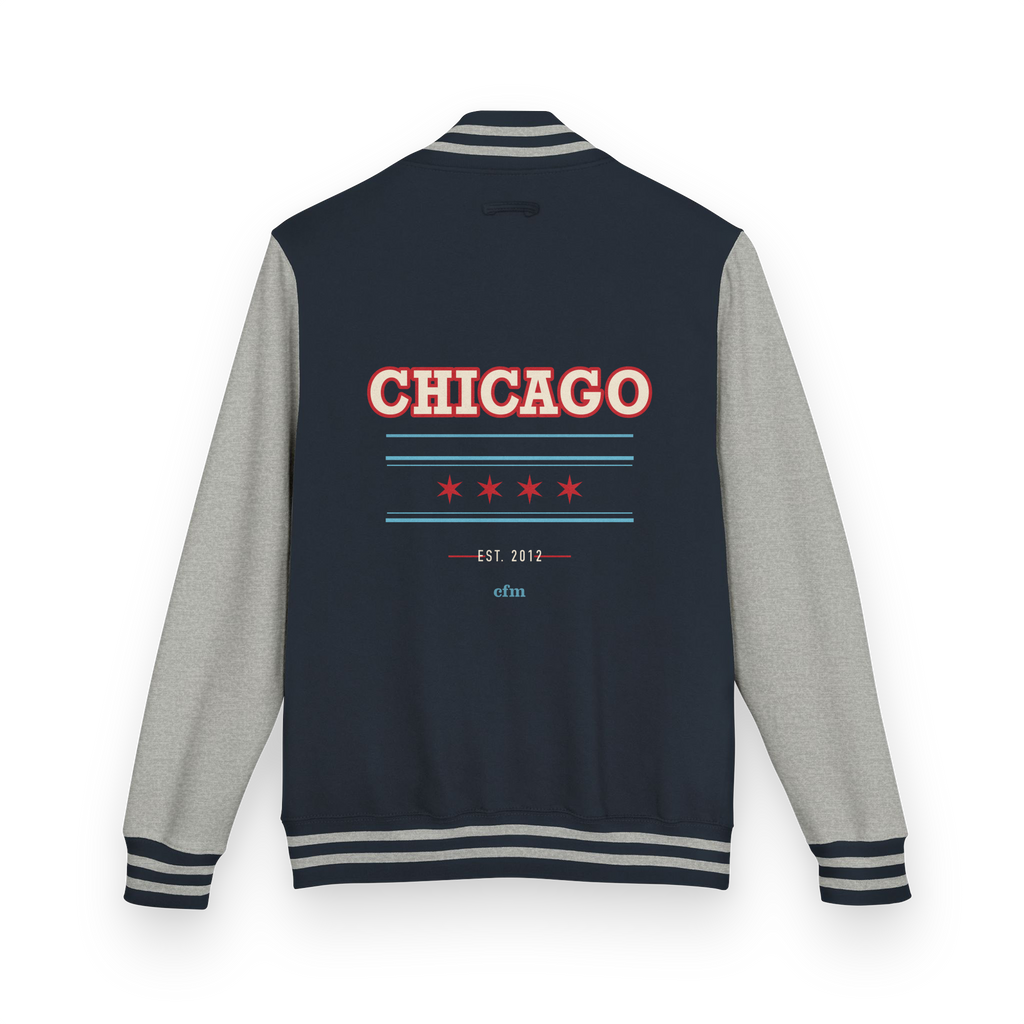 Chicago Collegiate heavyweight letterman jacket in Oxford Navy and heather gray, alternate view