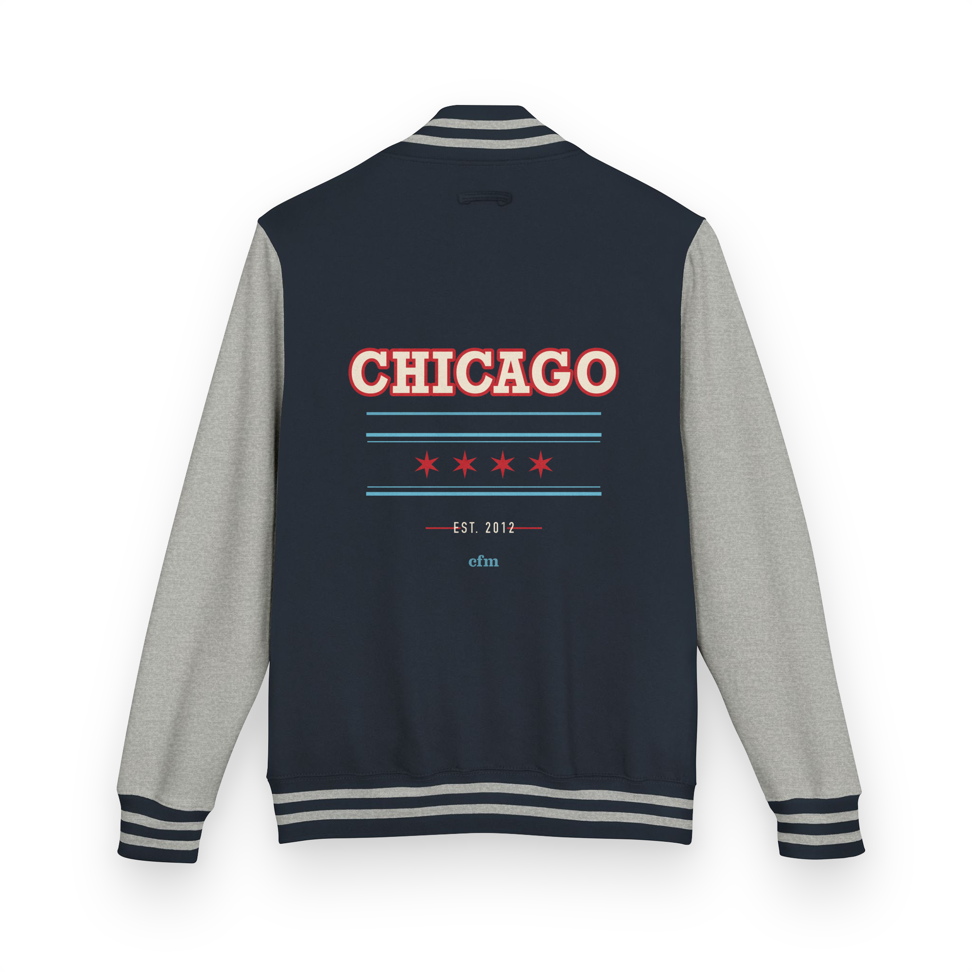 Chicago Collegiate heavyweight letterman jacket in Oxford Navy and heather gray, alternate view