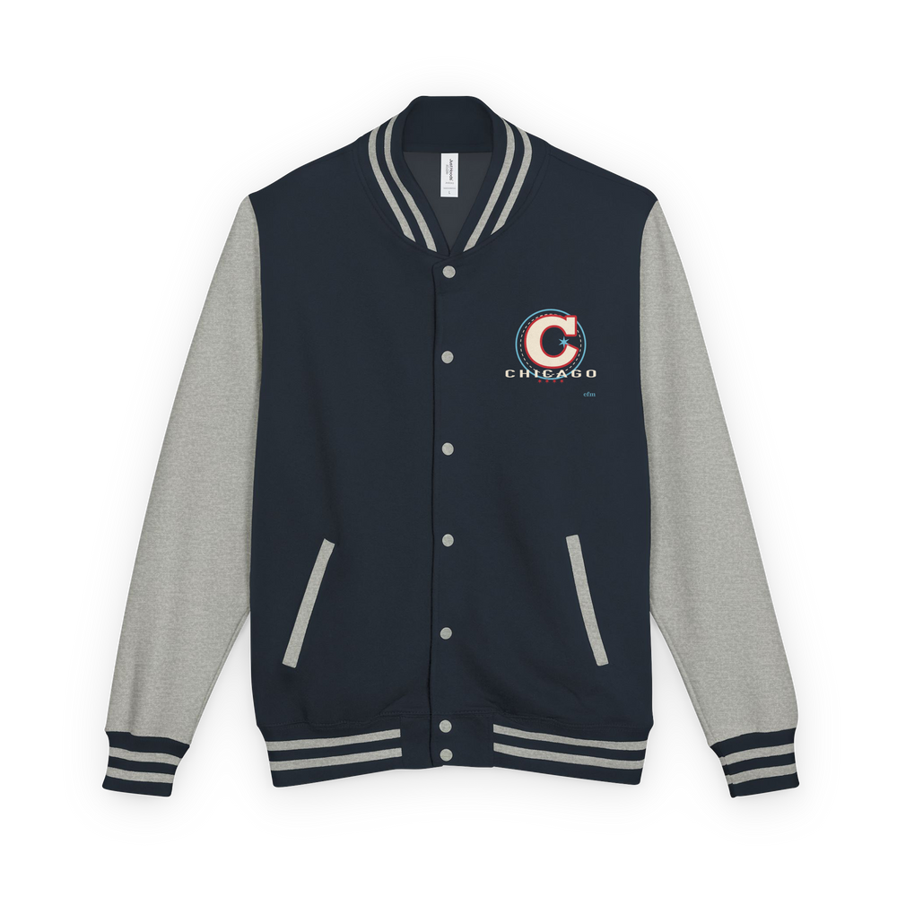 Chicago Collegiate heavyweight letterman jacket in Oxford Navy and heather gray, primary view