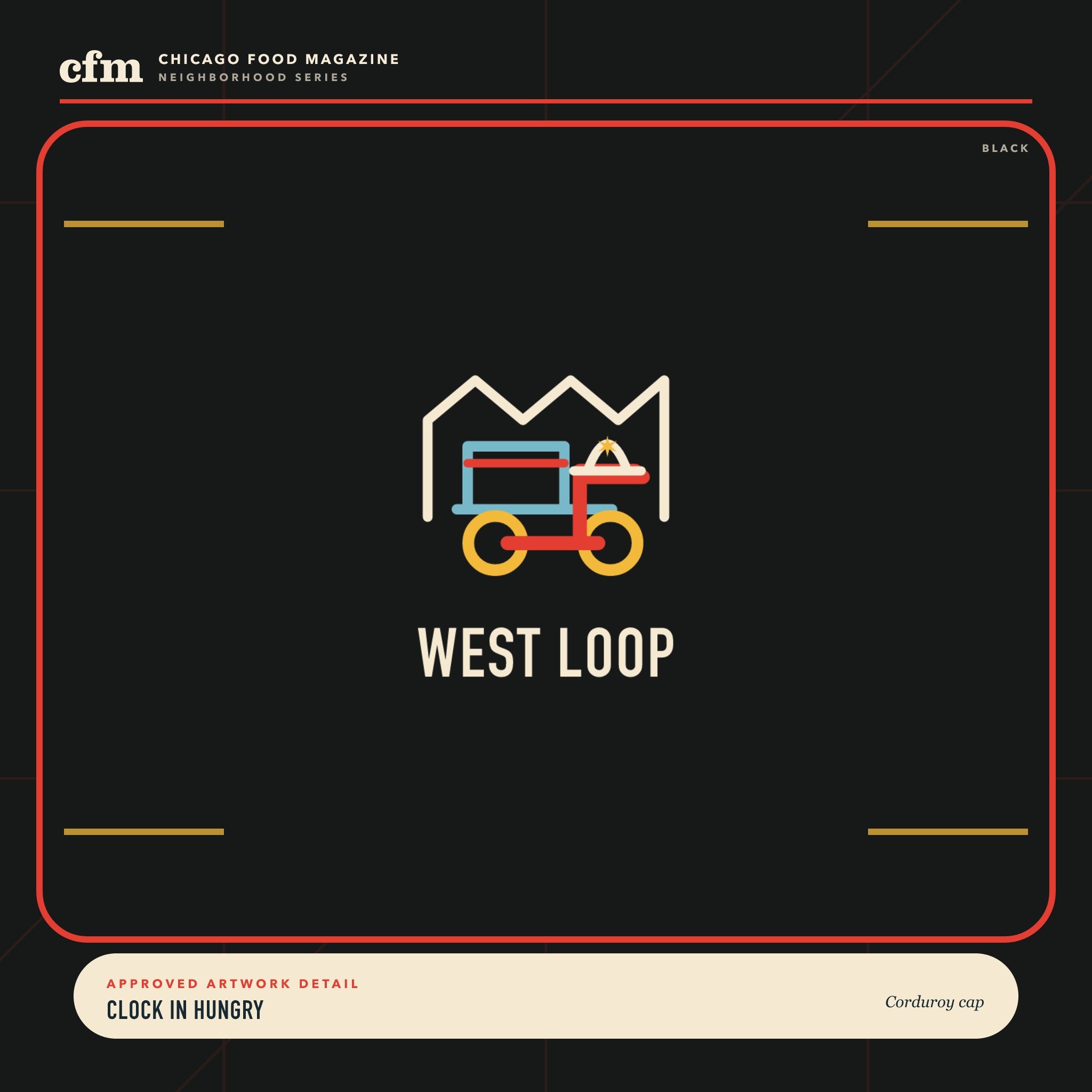 West Loop corduroy cap, close-up of Clock in Hungry artwork