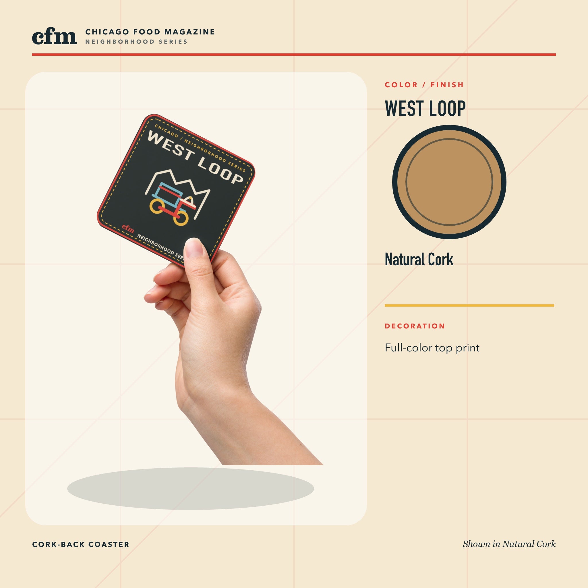 West Loop cork-back coaster, Natural Cork color and finish