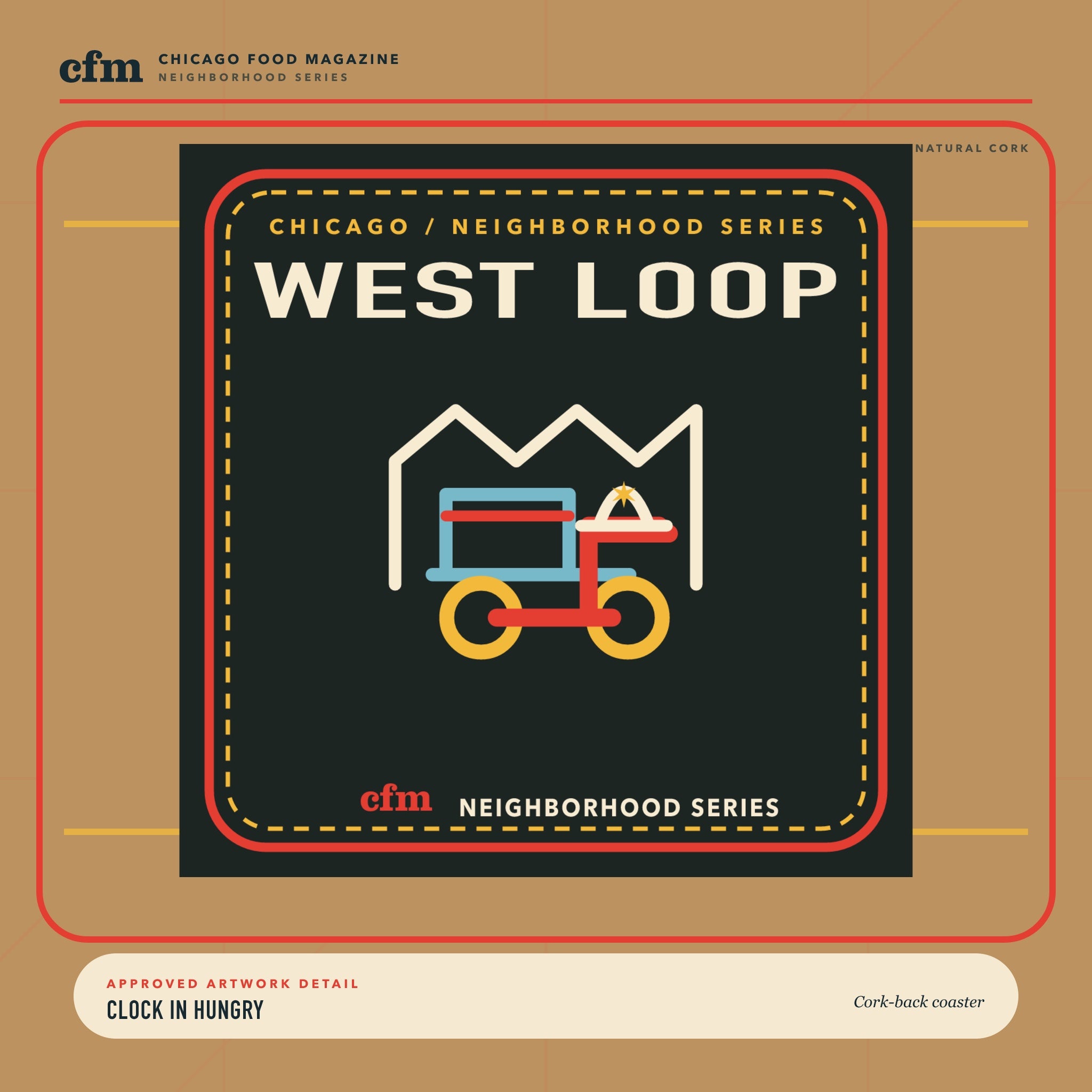 West Loop cork-back coaster, close-up of Clock in Hungry artwork