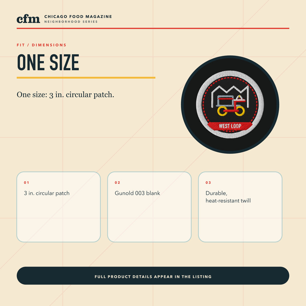 West Loop embroidered patch, size, fit, and dimensions guide