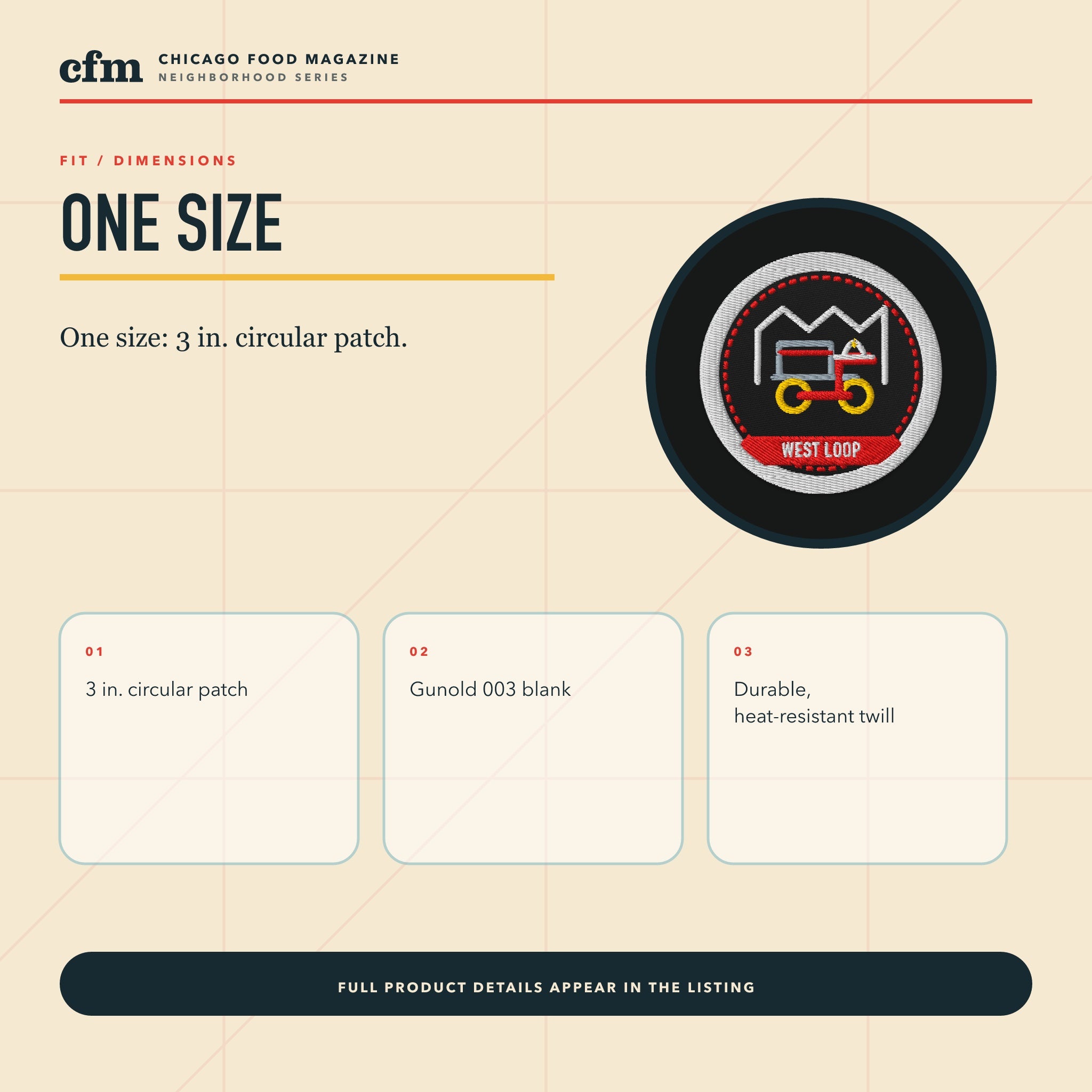 West Loop embroidered patch, size, fit, and dimensions guide