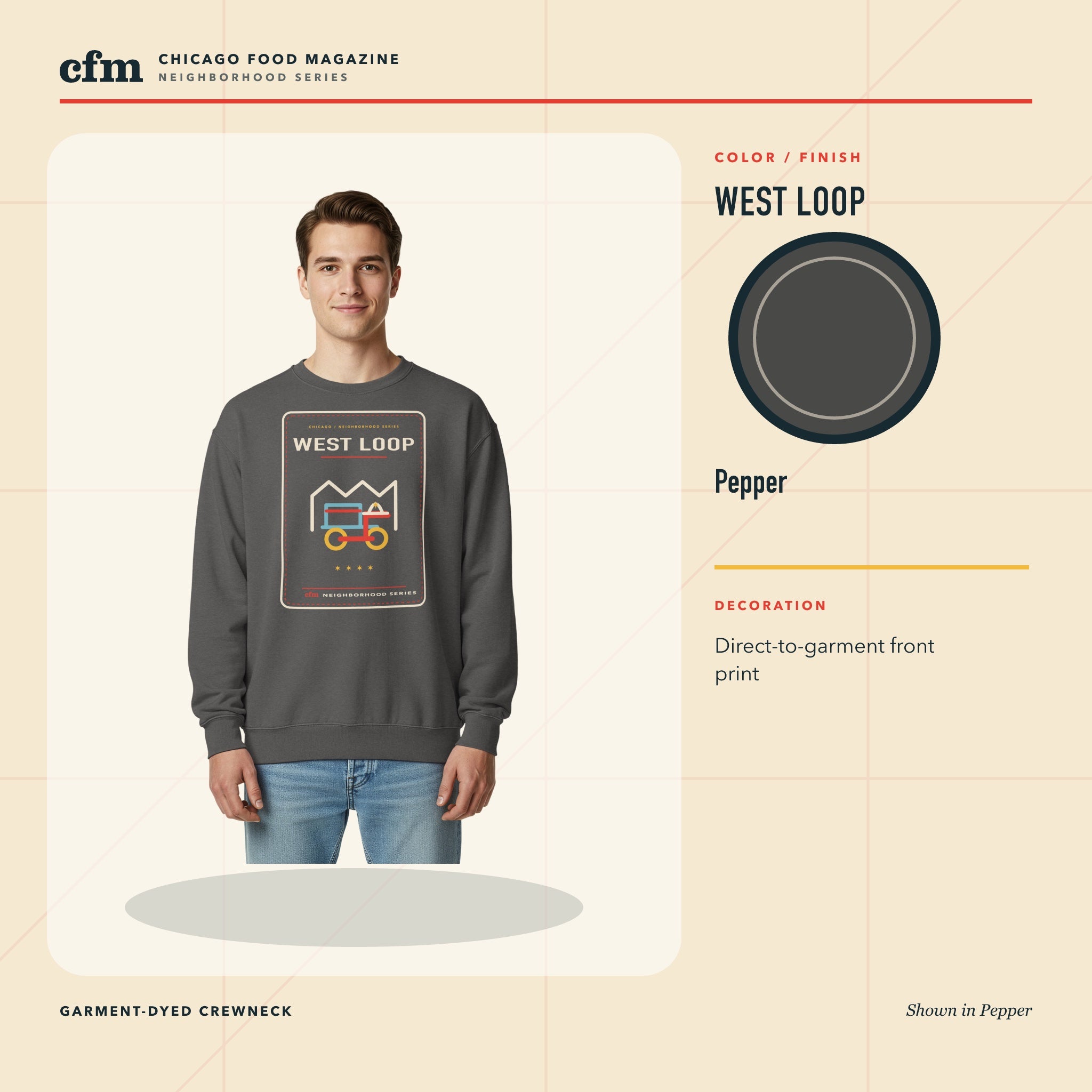 West Loop garment-dyed crewneck, Pepper color and finish