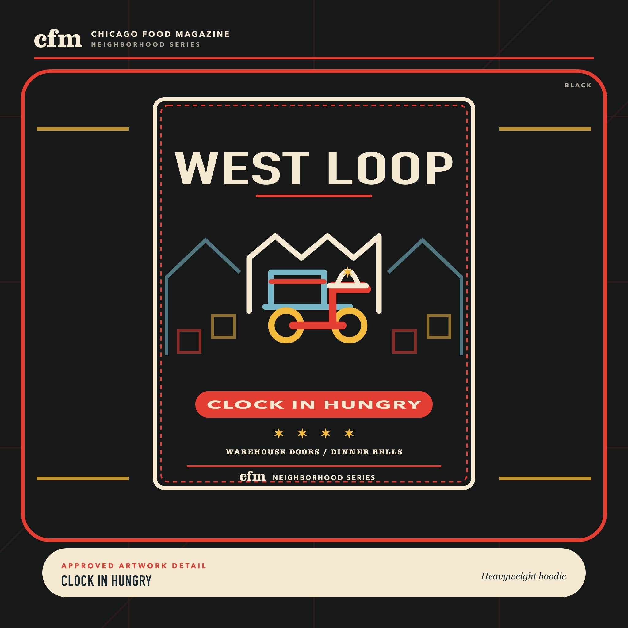 West Loop heavyweight hoodie, close-up of Clock in Hungry artwork