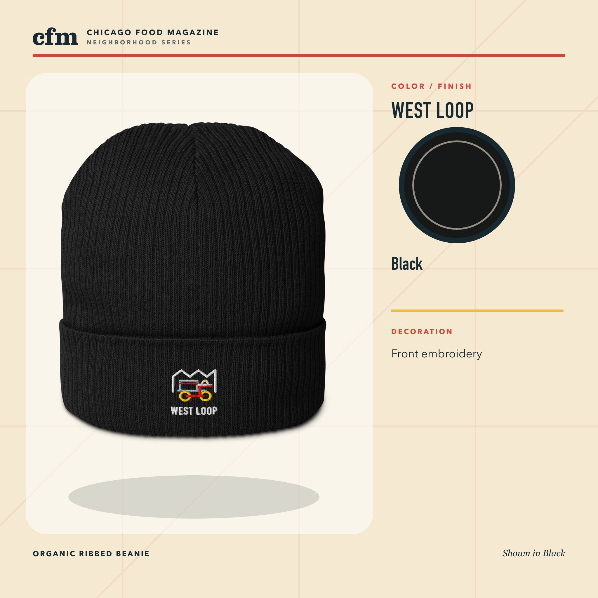 West Loop organic ribbed beanie, Black color and finish