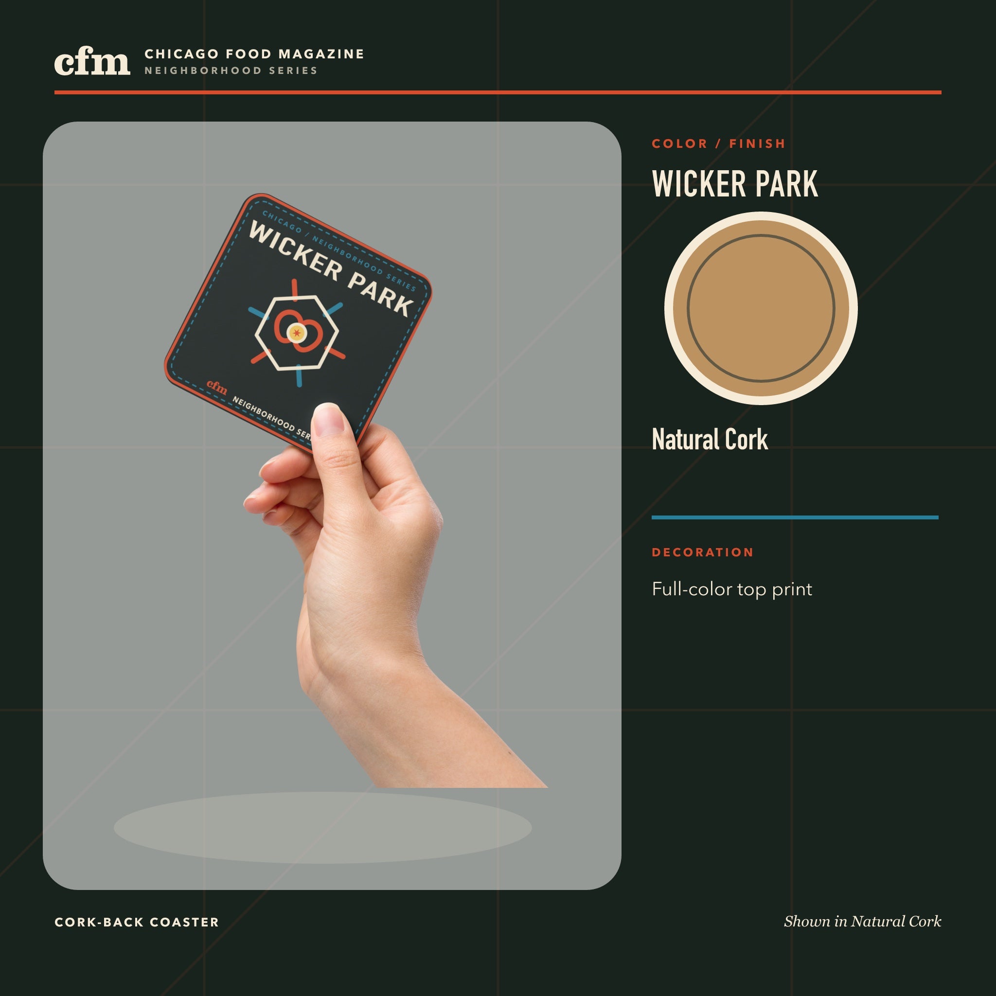 Wicker Park cork-back coaster, Natural Cork color and finish