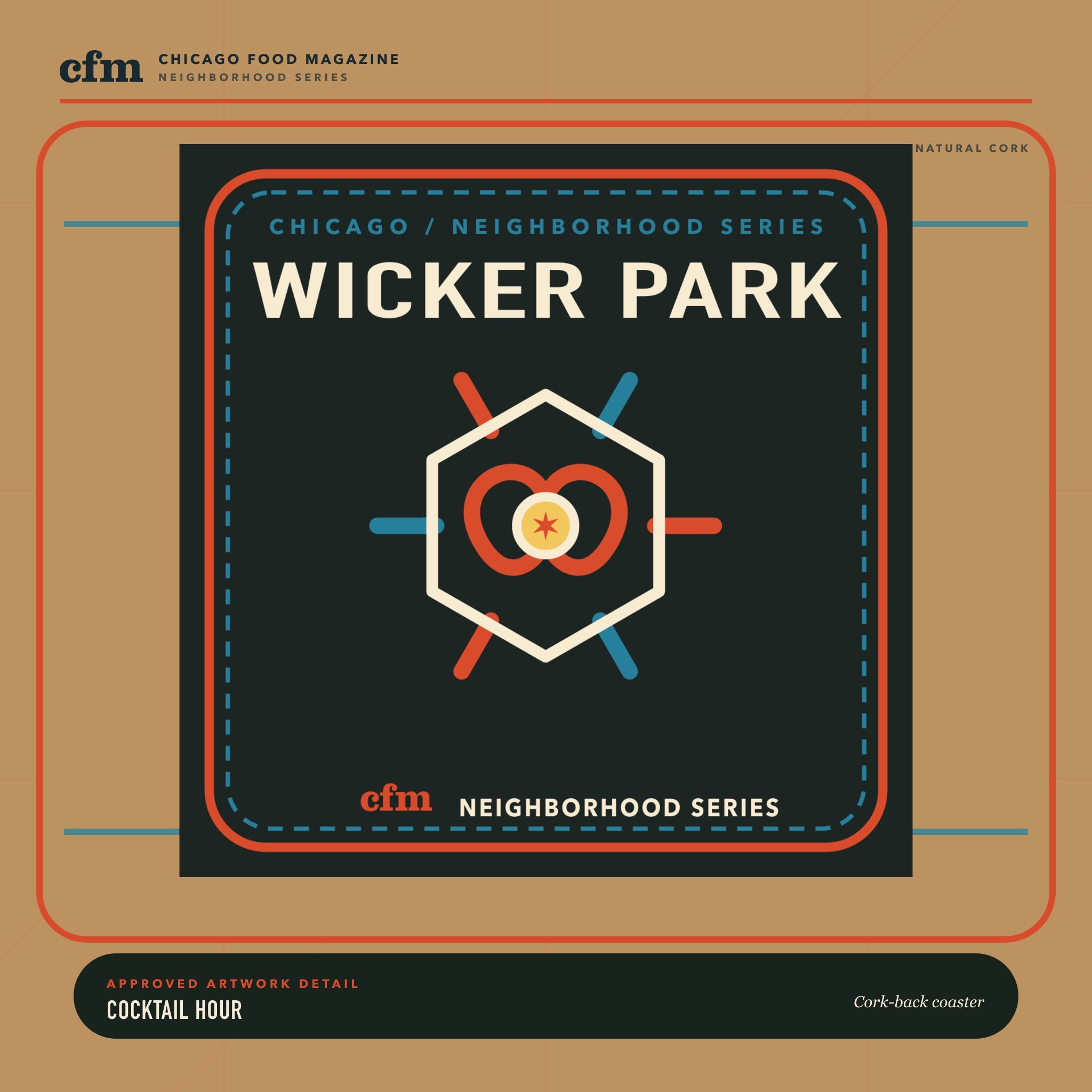 Wicker Park cork-back coaster, close-up of Cocktail Hour artwork