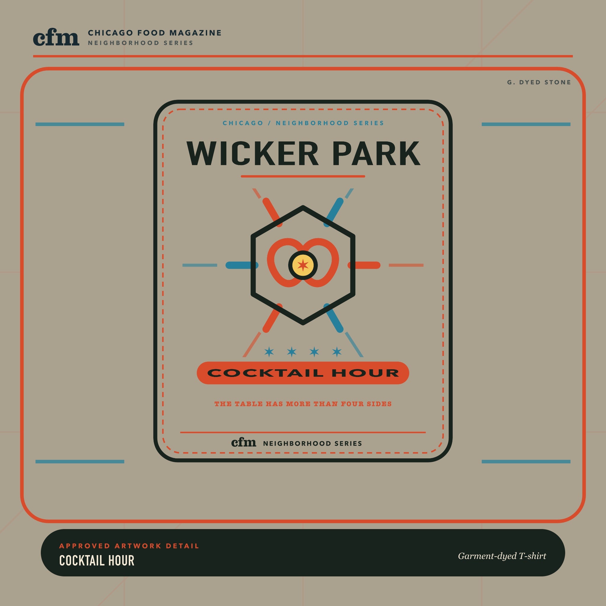 Wicker Park garment-dyed t-shirt, close-up of Cocktail Hour artwork