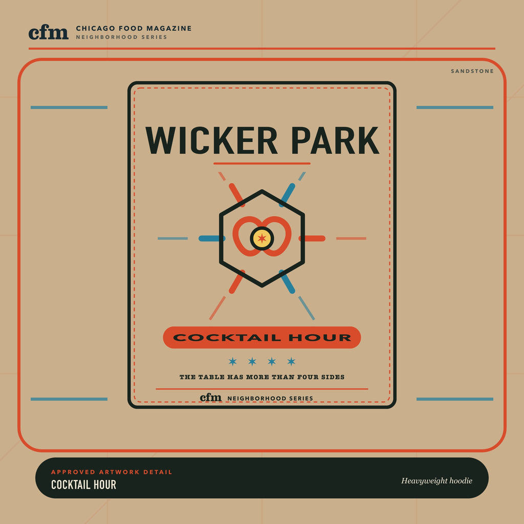 Wicker Park heavyweight hoodie, close-up of Cocktail Hour artwork
