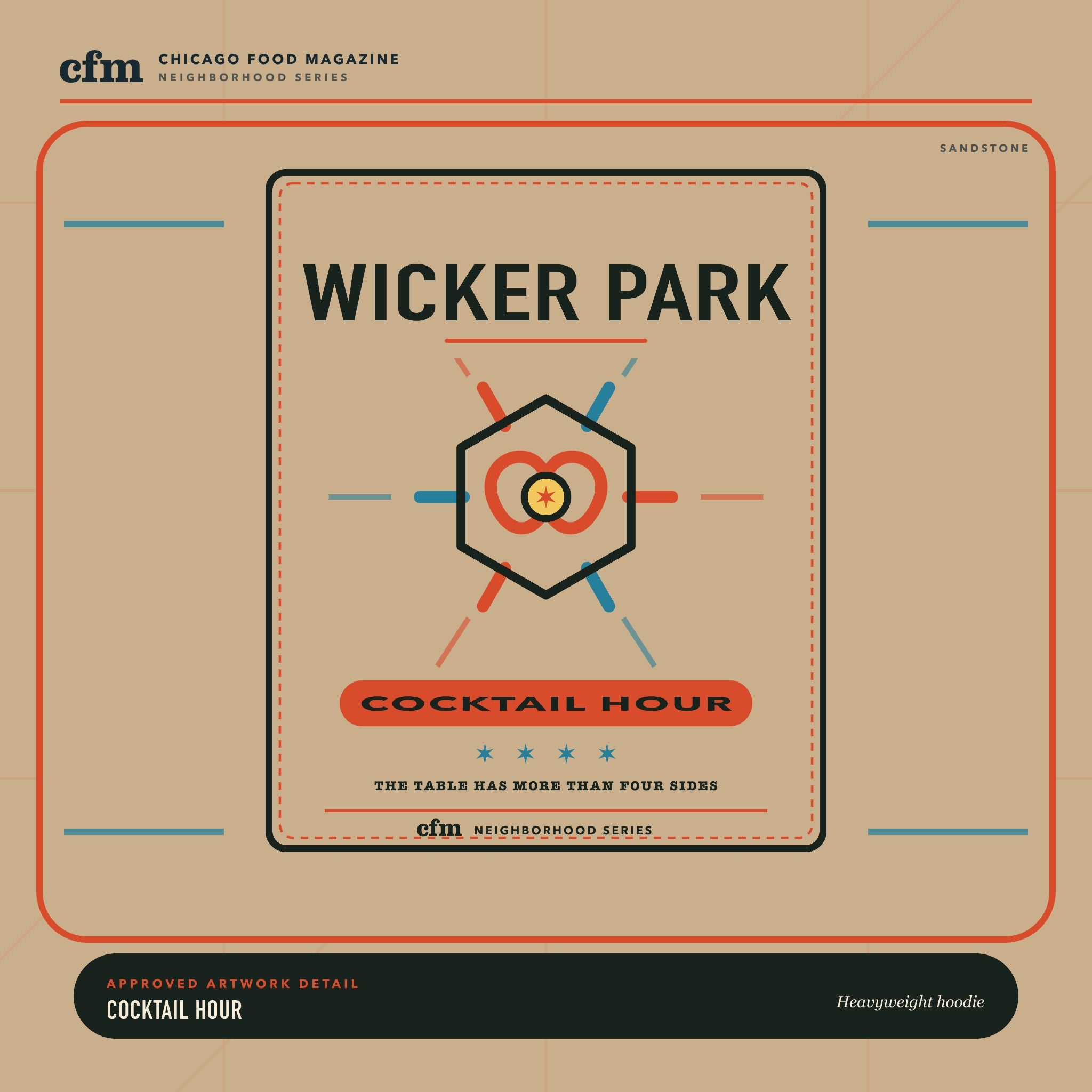 Wicker Park heavyweight hoodie, close-up of Cocktail Hour artwork