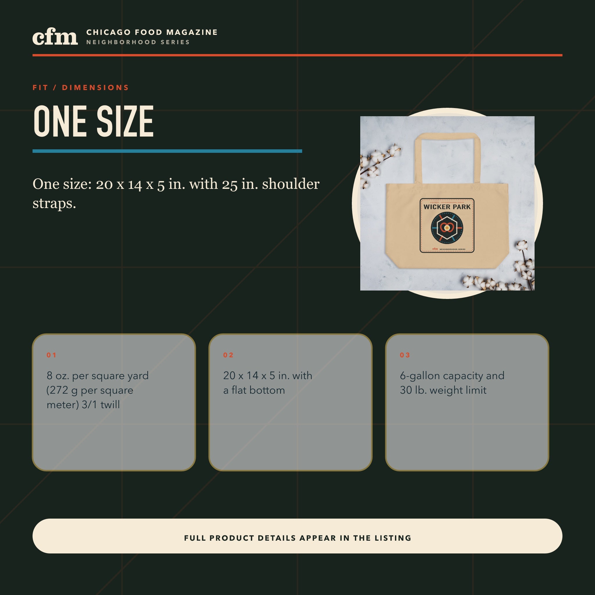 Wicker Park organic market tote, size, fit, and dimensions guide