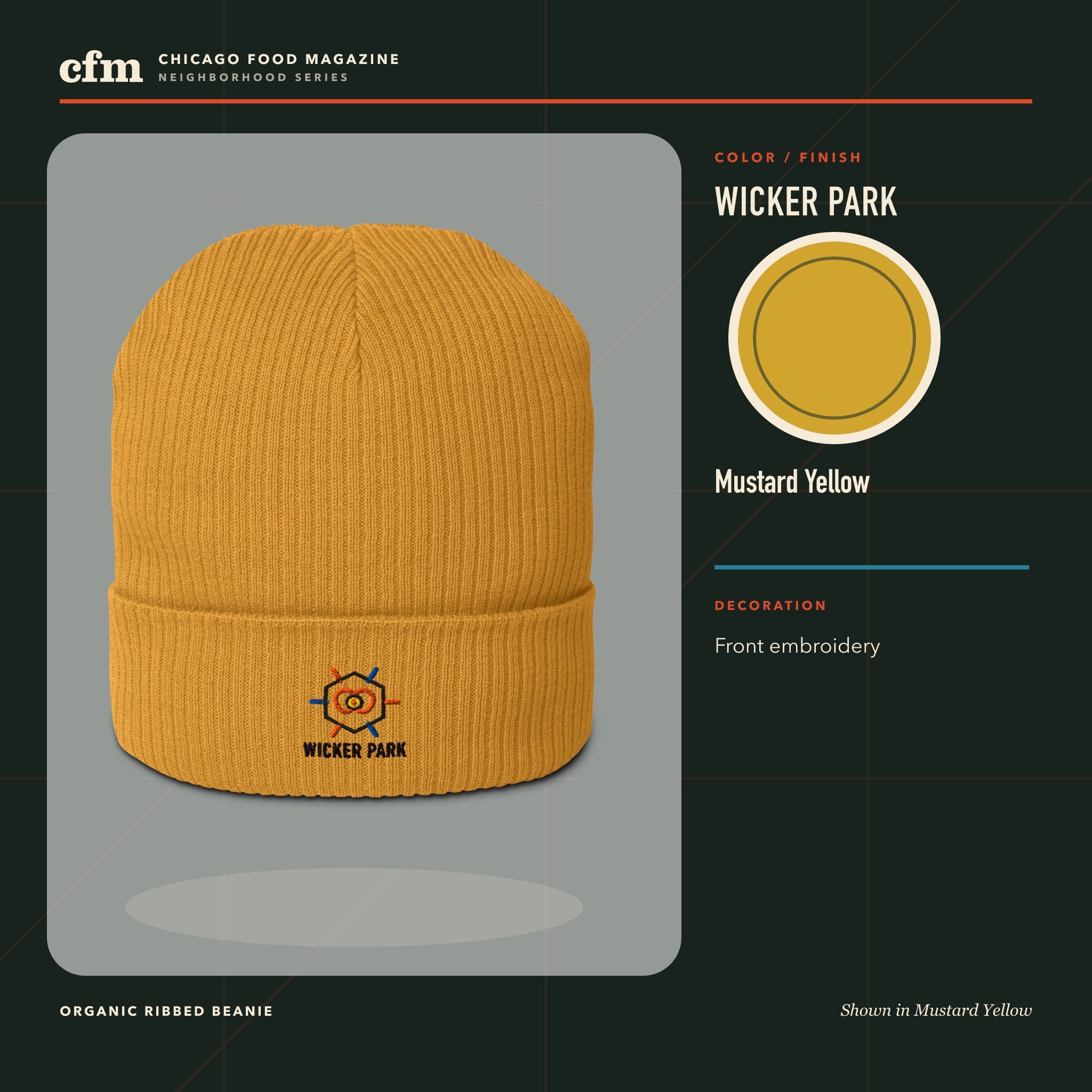 Wicker Park organic ribbed beanie, Mustard Yellow color and finish