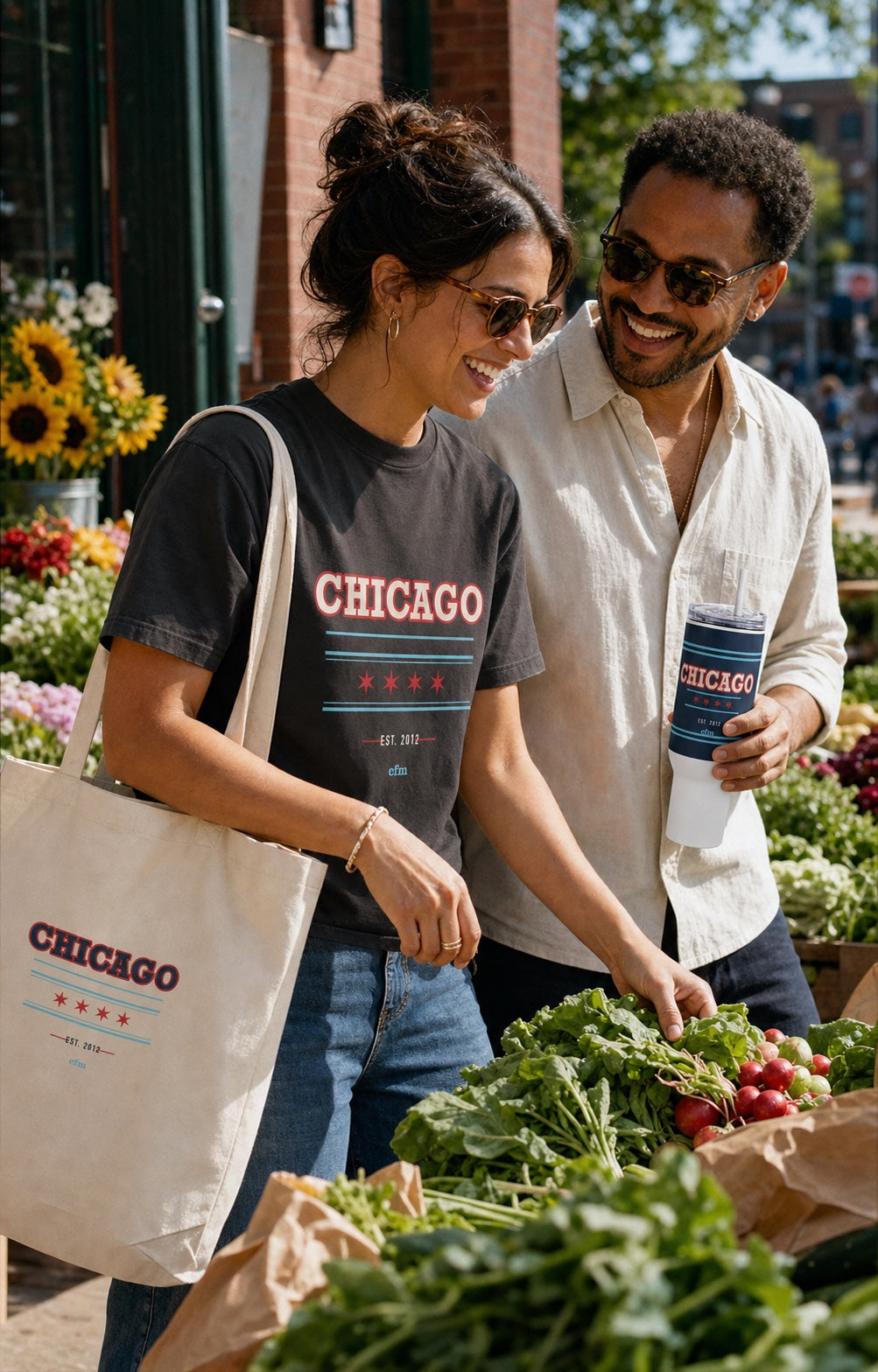 Chicago Collegiate T-shirt, tote, and travel mug at a neighborhood market