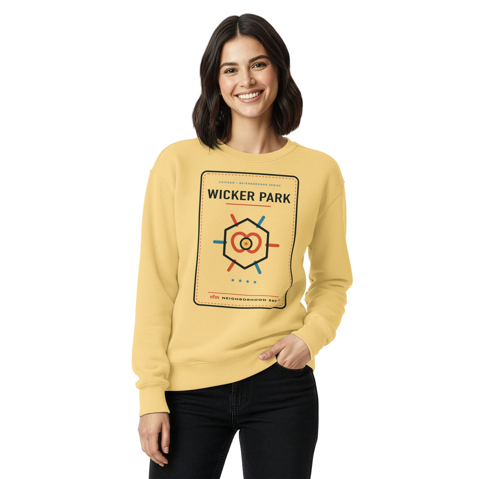 Woman wearing a Wicker Park Neighborhood Series crewneck